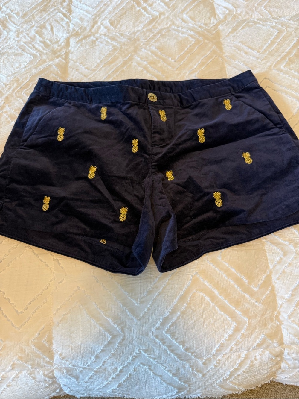 Lilly Pulitzer Navy Velvet Callahan Shorts with Yellow Pineapple Embroidery